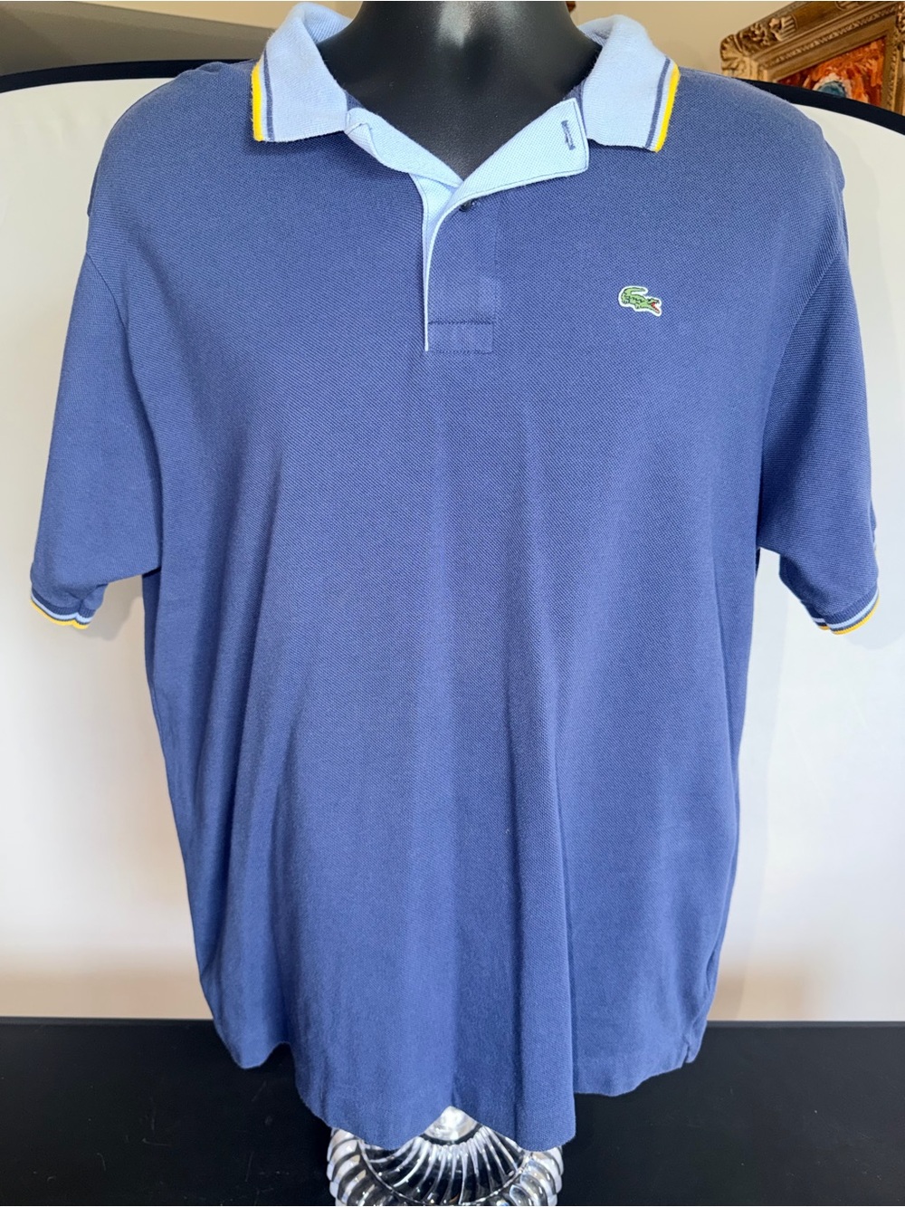 Lacoste Men's Navy Polo with Light Blue Collar and Yellow Trim